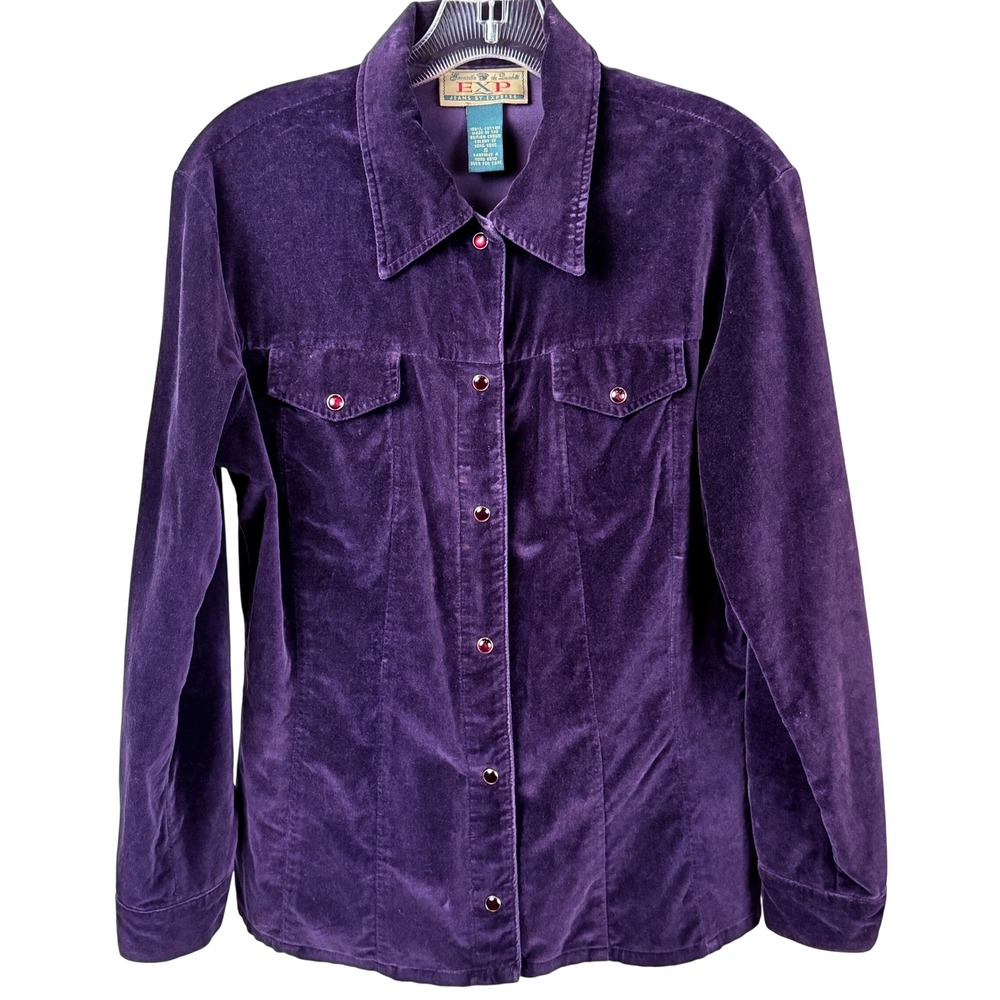 VTG 90s EXP Jeans by Express Purple Velvet Shirt S Pearl Snap Western Hong Kong